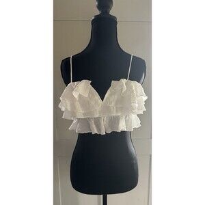 White Ruffle Crop Top Tank Top Smock Elastic Back Sz S